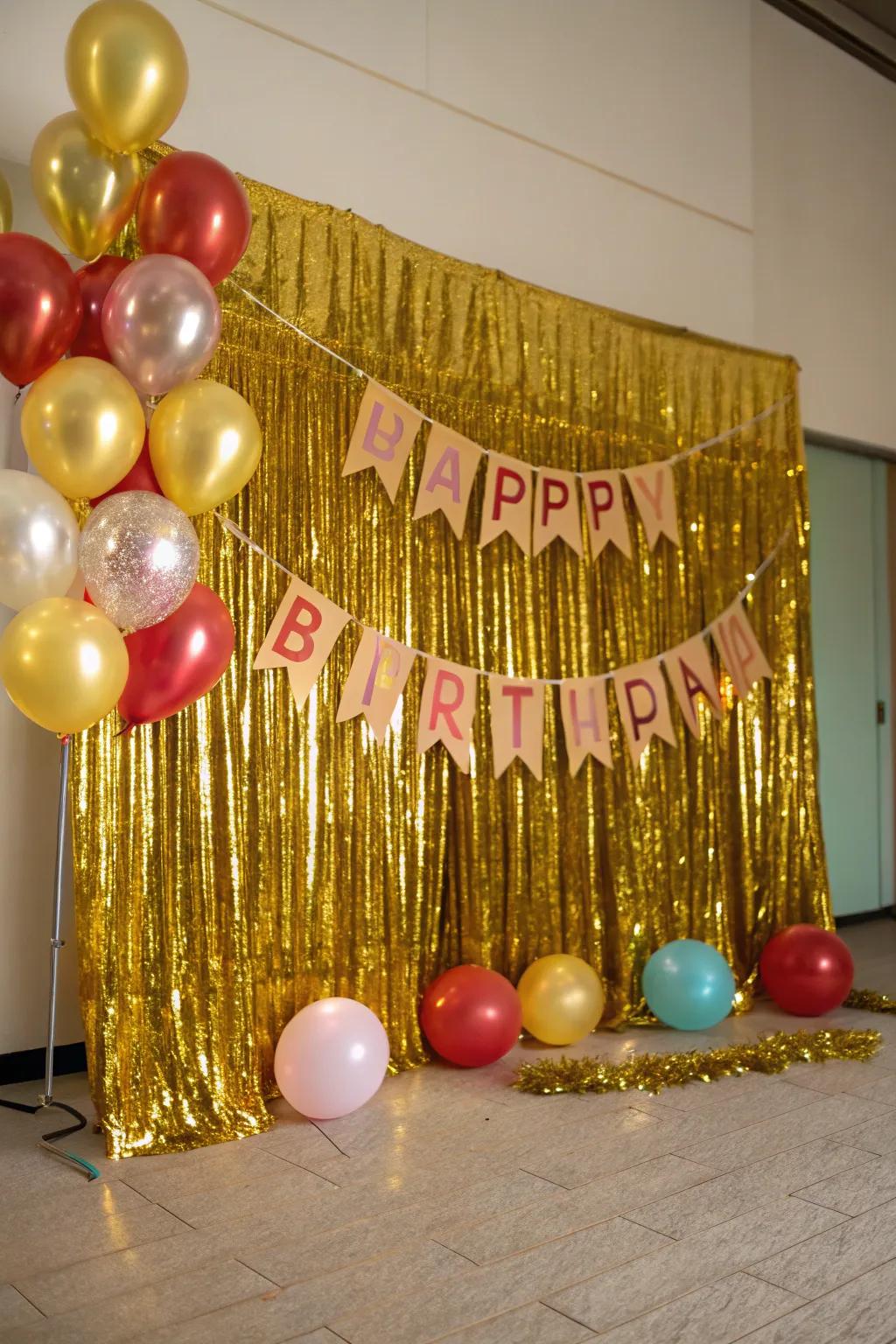 A golden backdrop that adds a touch of glamour to birthday photos.