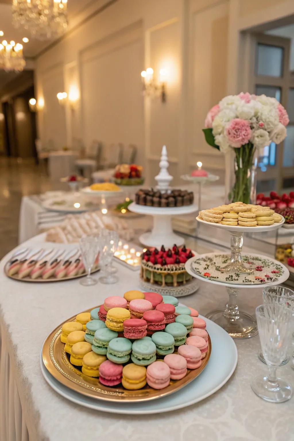 A dessert table featuring macarons and assorted sweets.