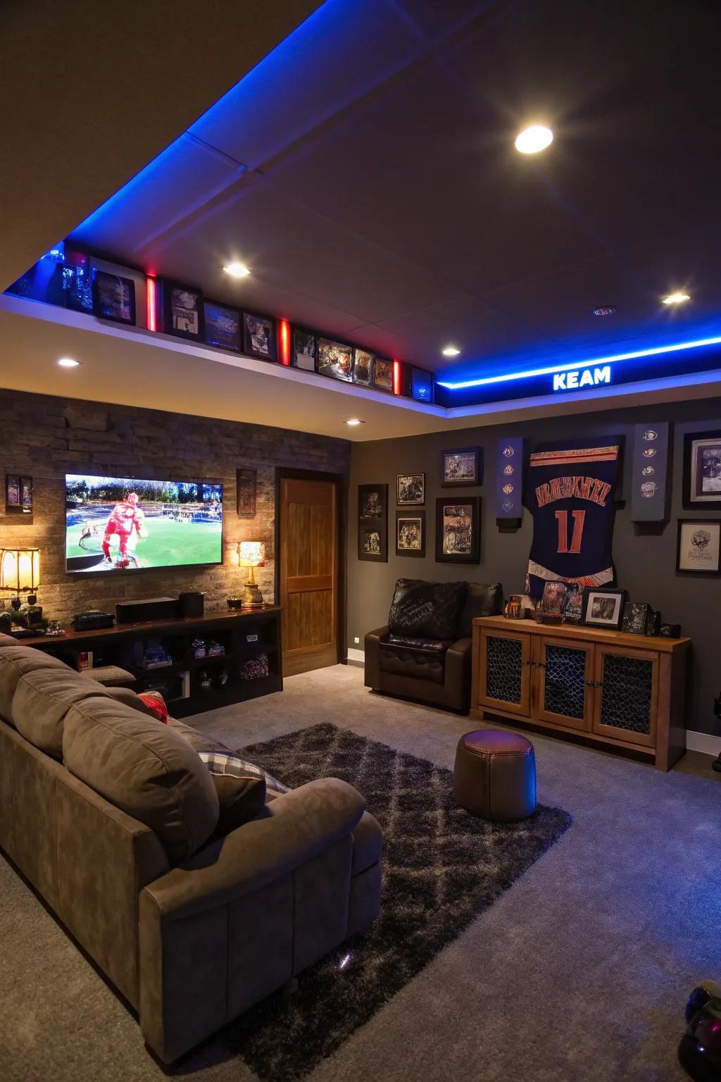 Ambient lighting creates a soothing atmosphere in this man cave.