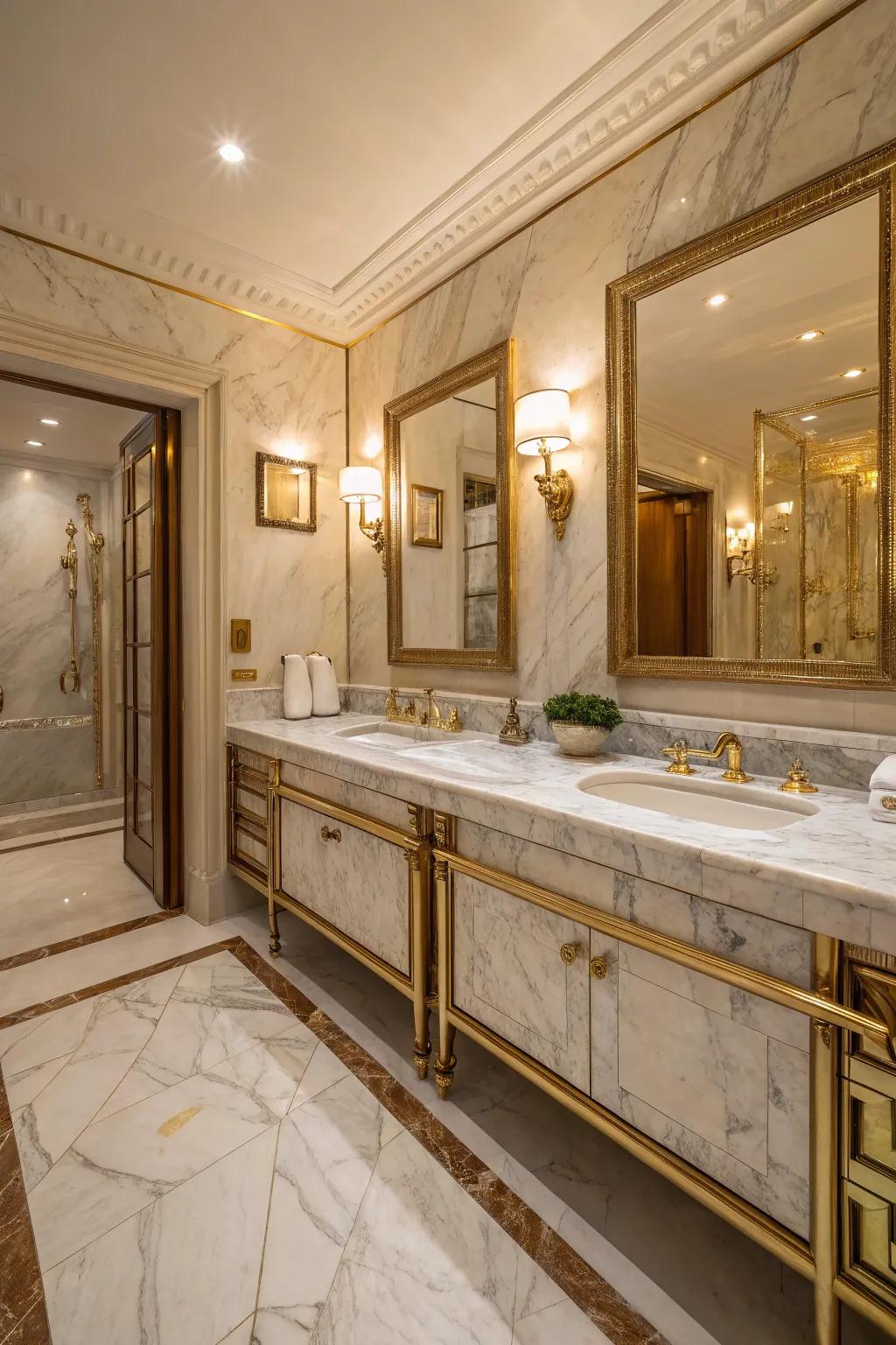 Gold fixtures add a touch of opulence to the marble setting.