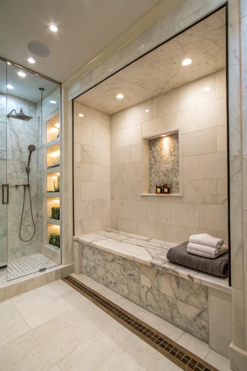 A floating marble bench under the niche elevates the shower experience.