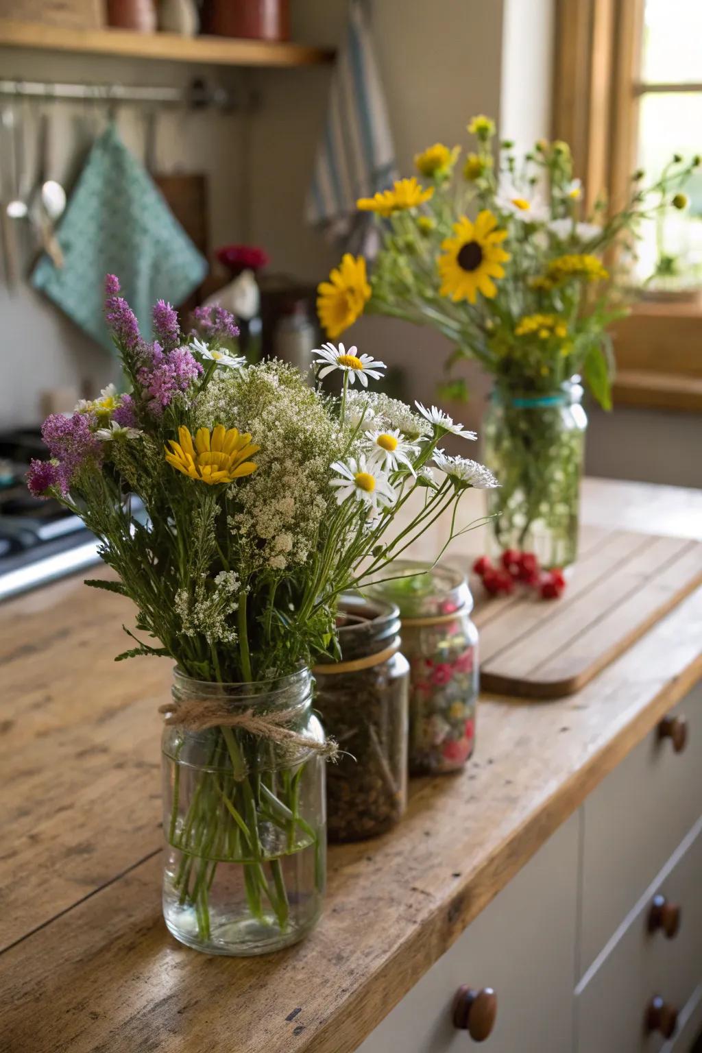 Bring the outdoors in with rustic floral arrangements.