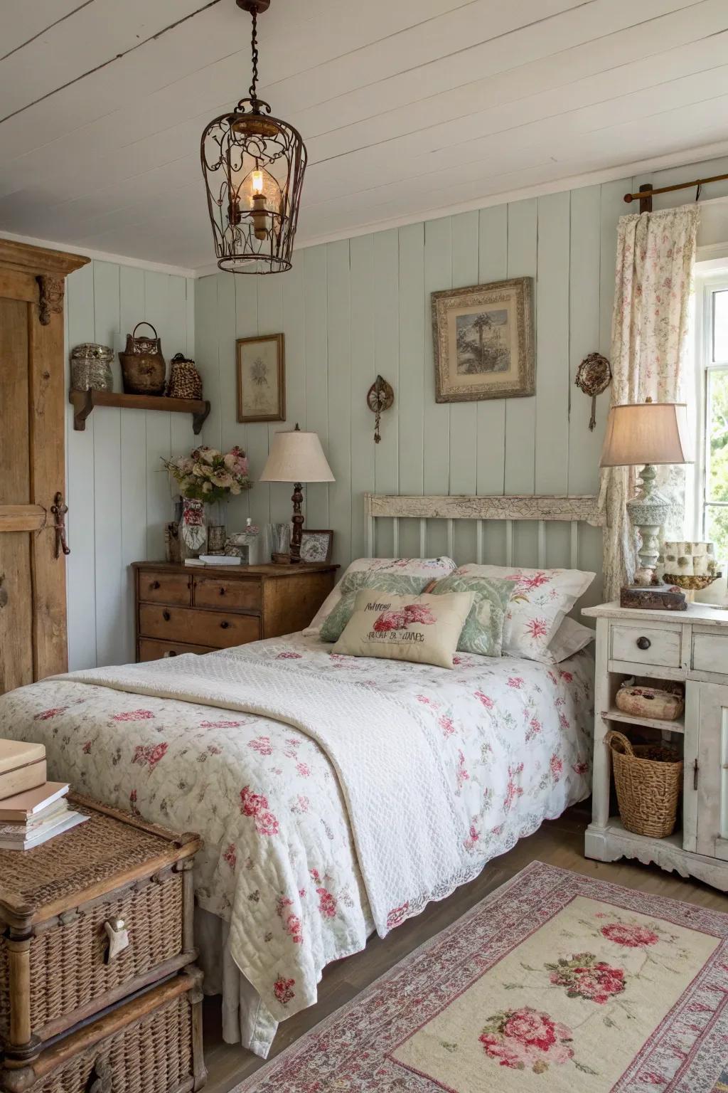 Vintage charm with shabby chic decor in a farmhouse bedroom