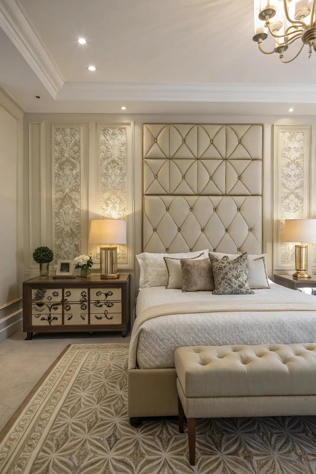 A symmetrical setup creates a balanced and harmonious look for your headboard wall.