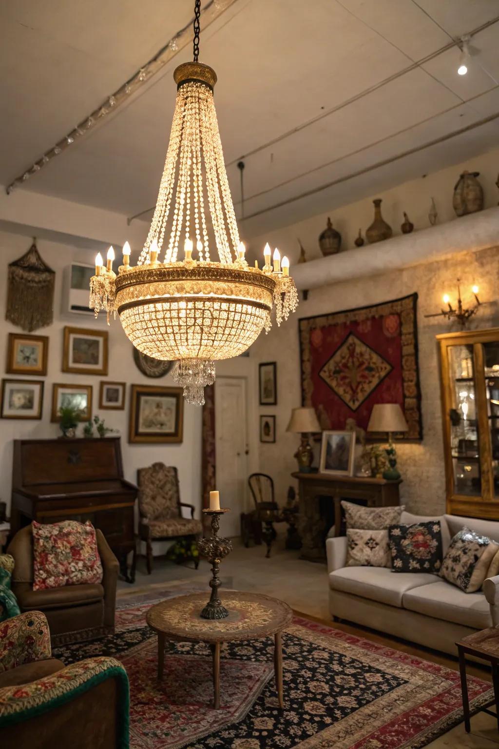 A vintage chandelier adds elegance to this maximalist room.