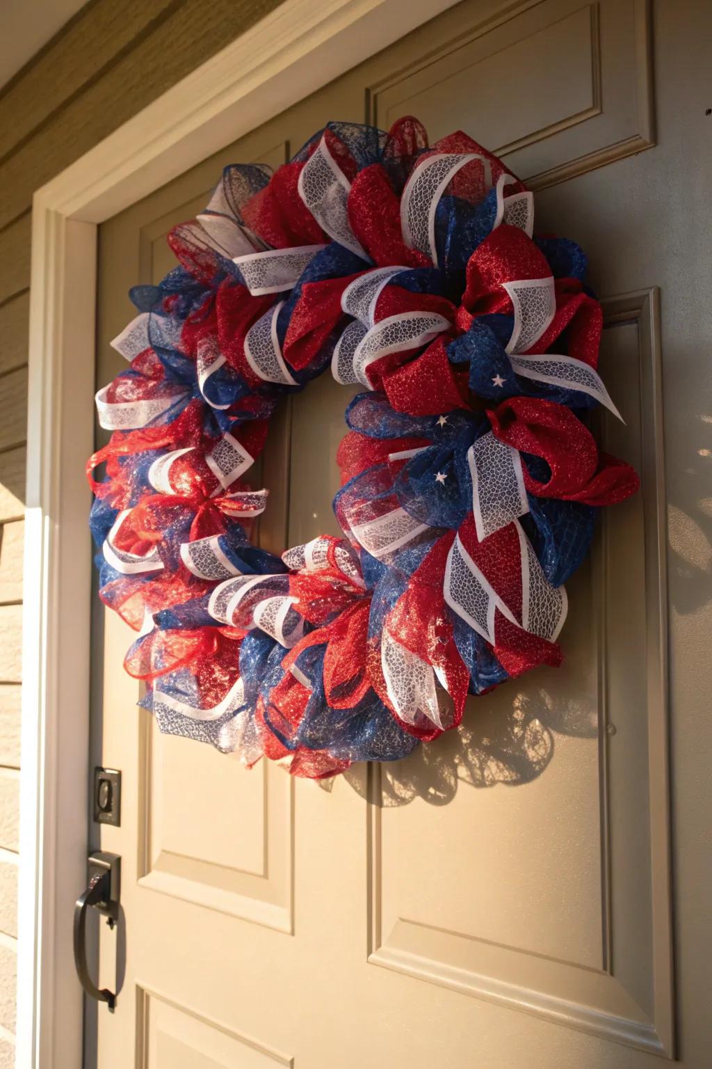 A bold mesh wreath that stands out with patriotic flair.