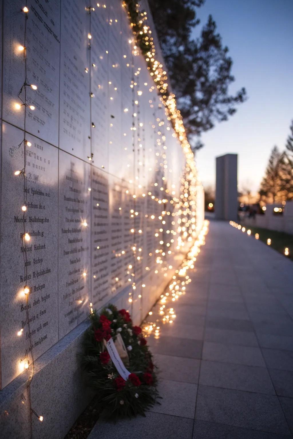 Fairy lights casting a warm glow over a heartfelt memorial wall.