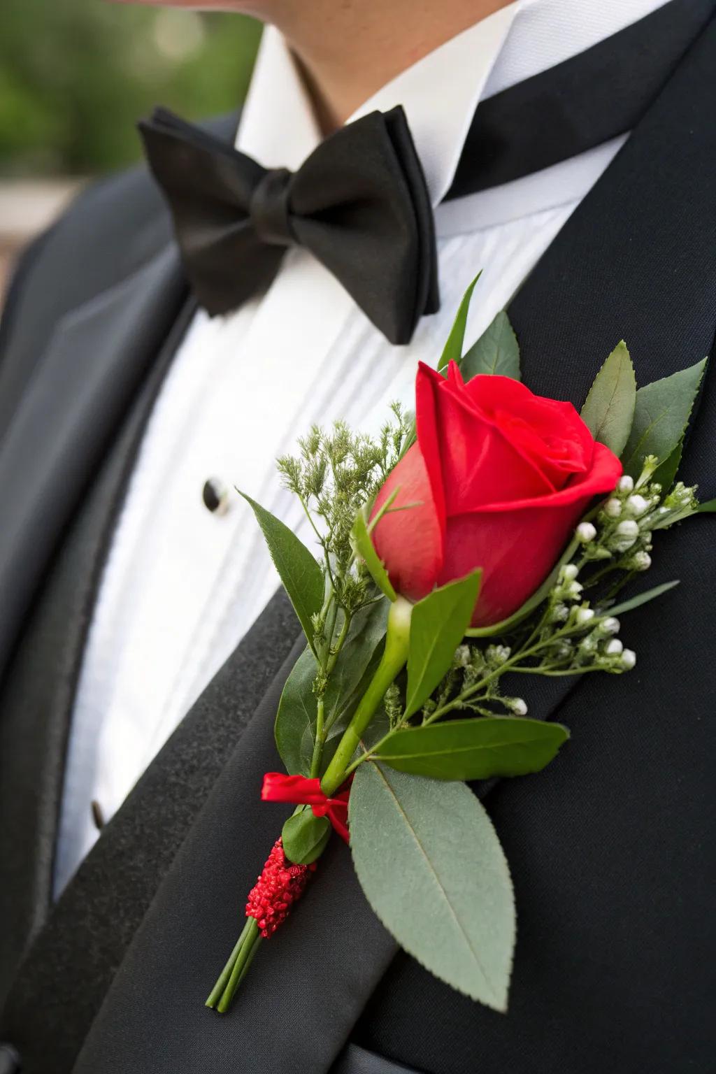 A bold red rose boutonniere makes a romantic statement.