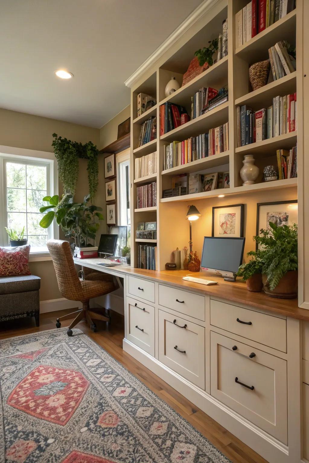 Floor-to-ceiling bookshelves filled with books and decor create an intellectual vibe.