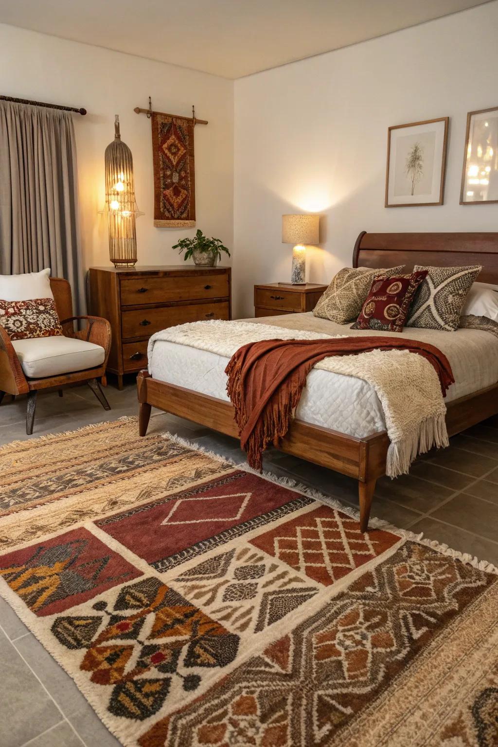 A cozy mid-century modern bedroom enhanced by textured rugs and soft throws.