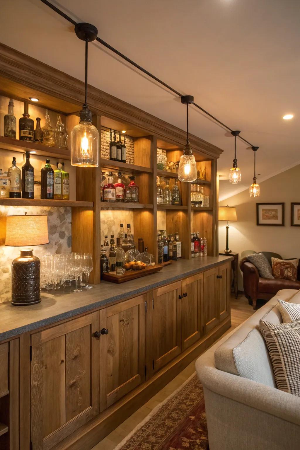 Ambient lighting adds warmth and allure to a home bar setting.