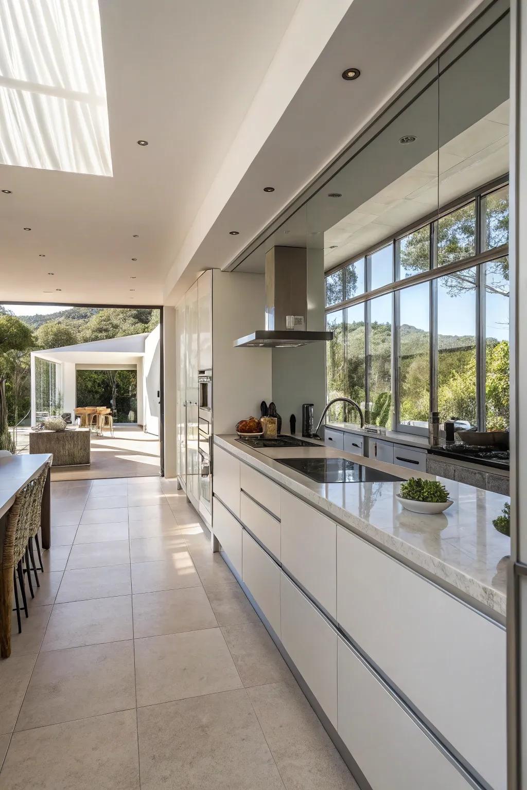 A full mirrored wall that transforms a small kitchen into a spacious area.