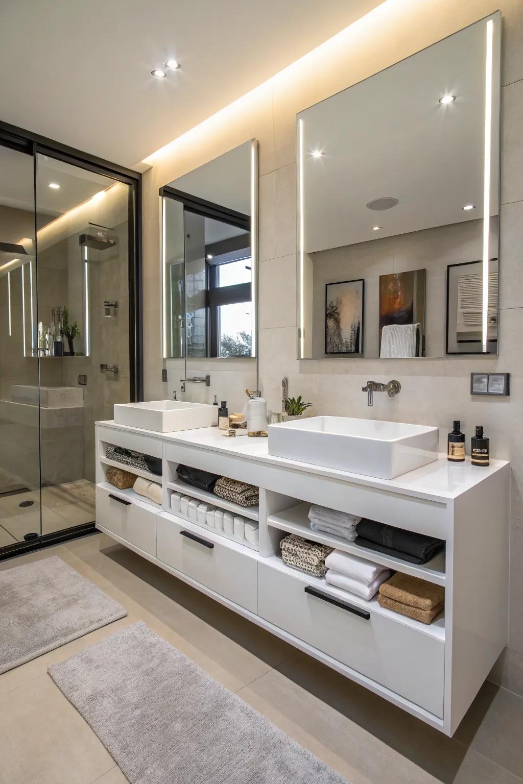 A modern floating vanity adds a sleek, organized look.