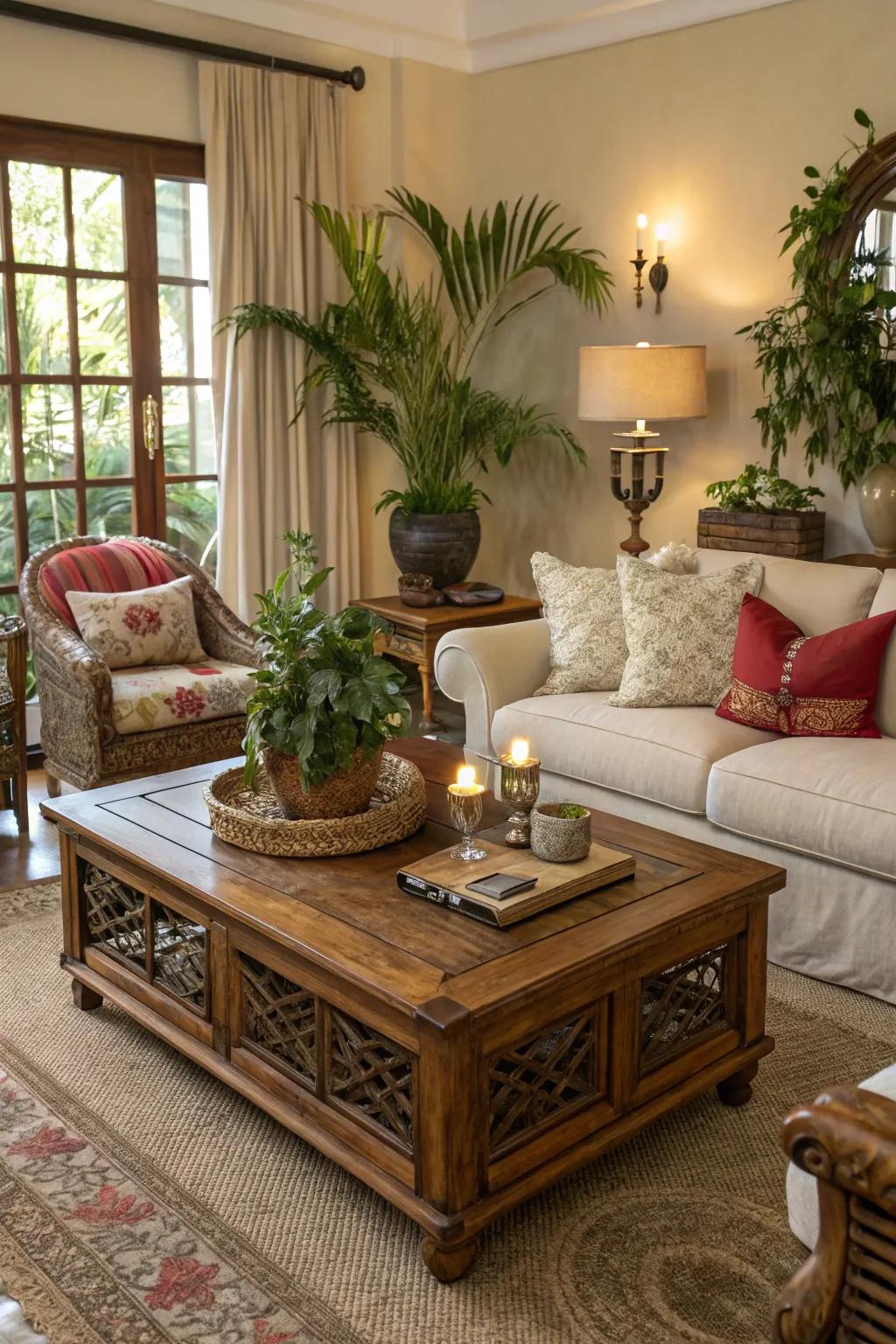 Natural wooden elements add warmth and texture to the farmhouse living room.