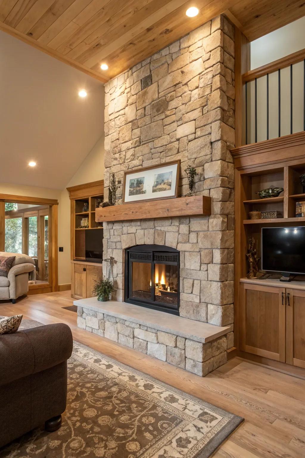 A modern fireplace surrounded by natural stone, adding warmth and texture.