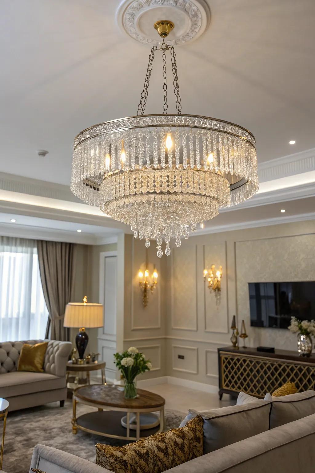 Elegant lighting fixtures in gold and silver add a luxurious glow to the room.