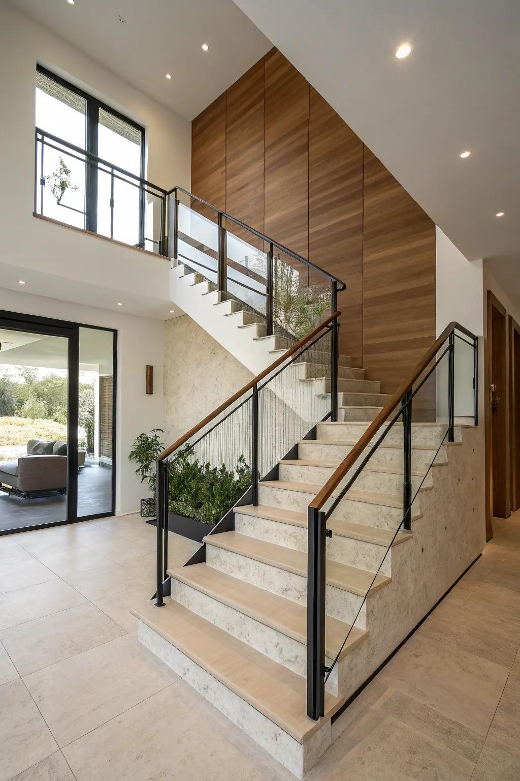 A half wall along a staircase offers both safety and a sleek look.