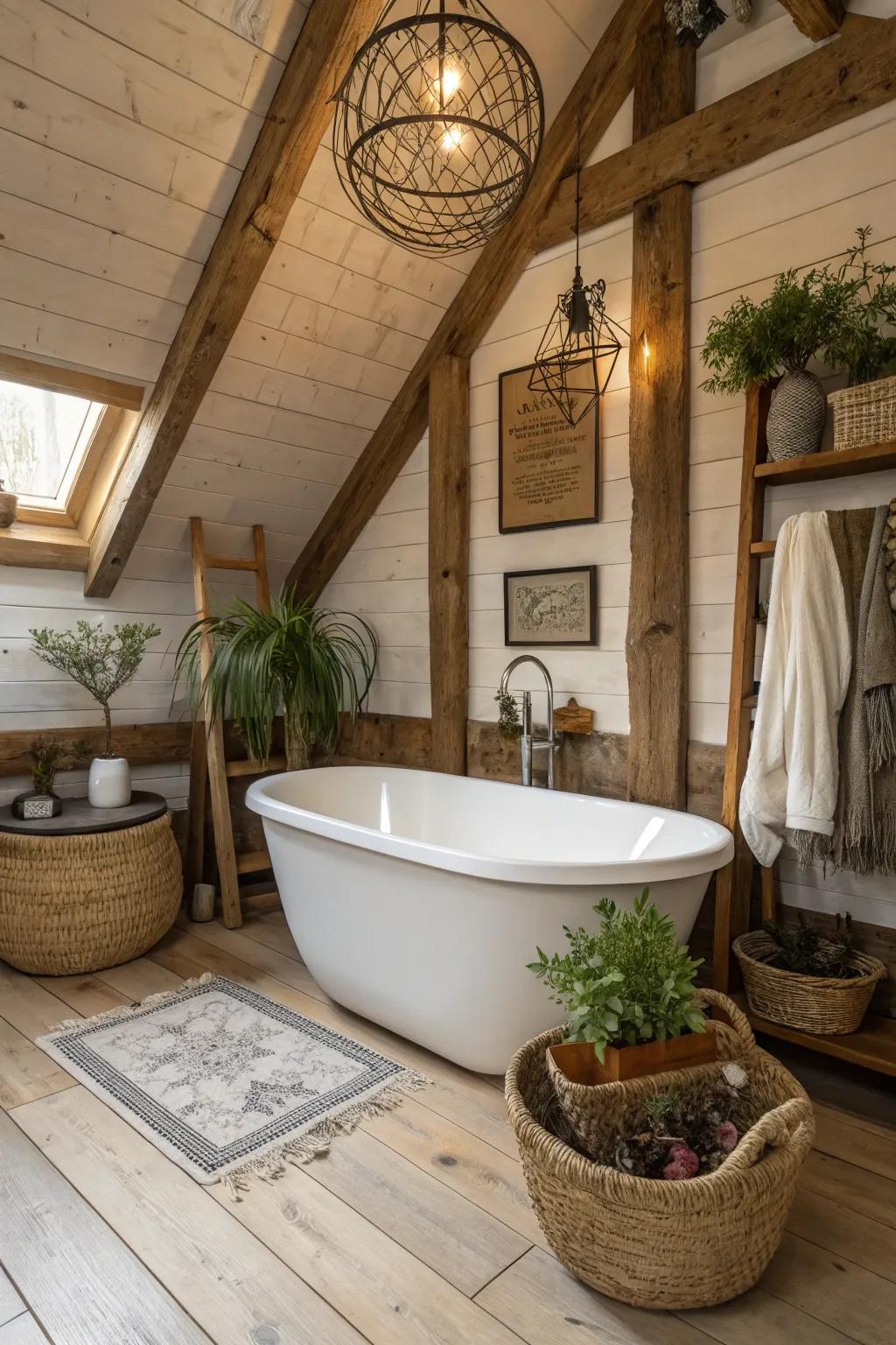 A freestanding tub serves as an elegant focal point in a rustic bathroom.