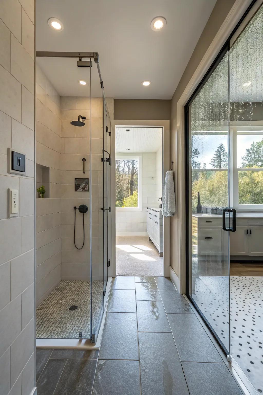 A spacious and modern walk-in shower with a seamless entry.