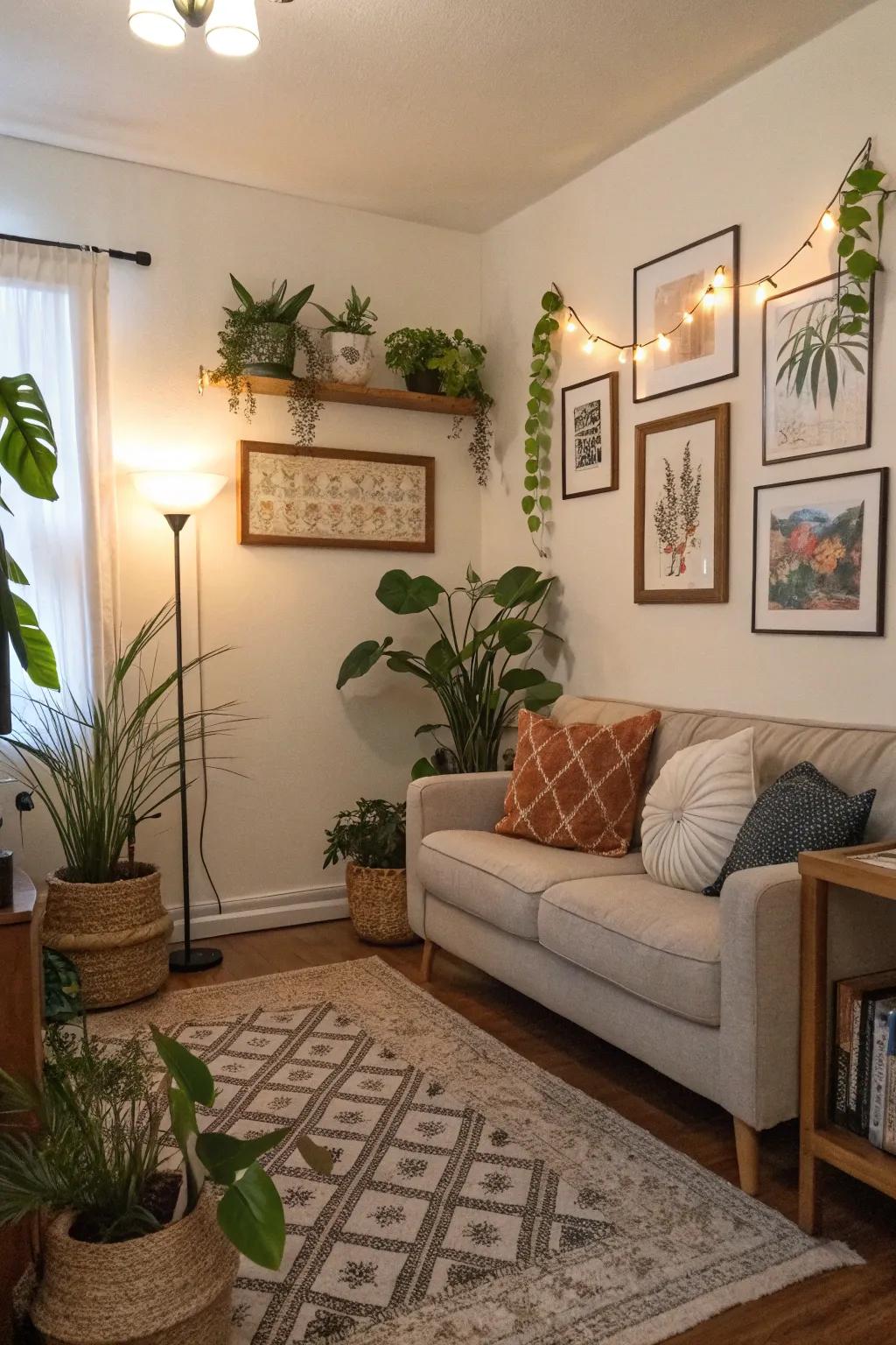 Decorative accents like plants and artwork in a small living room.