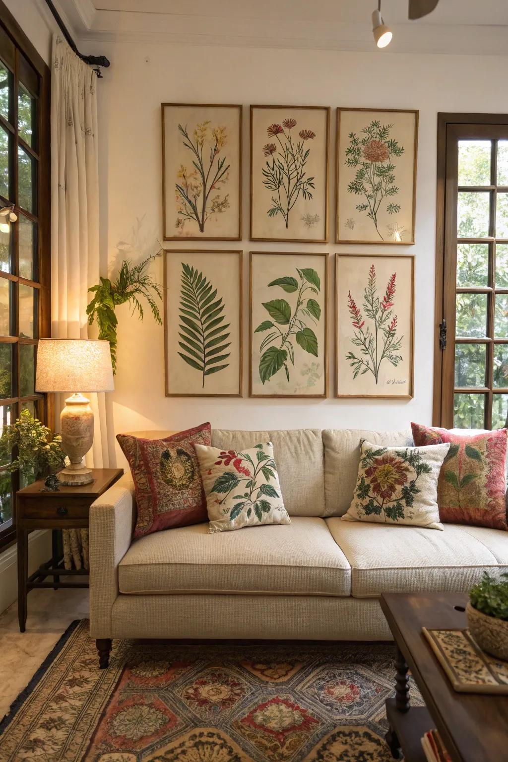 Botanical art adds a serene and natural vibe.