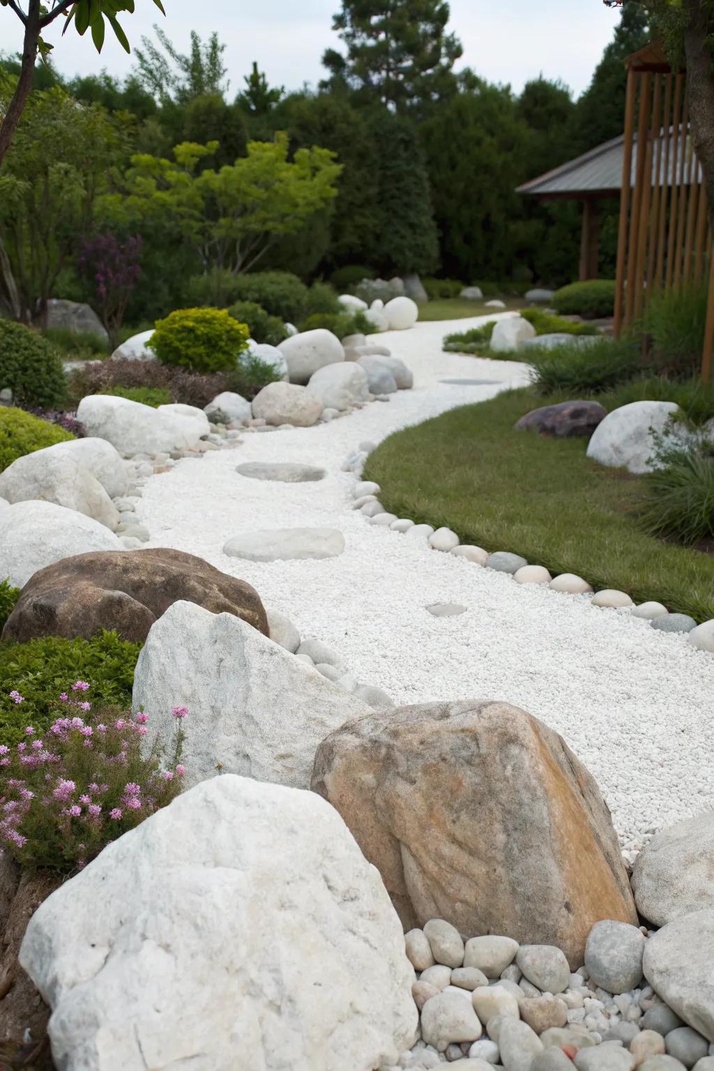 A garden featuring large accent boulders nestled among white rocks, creating a textured landscape.