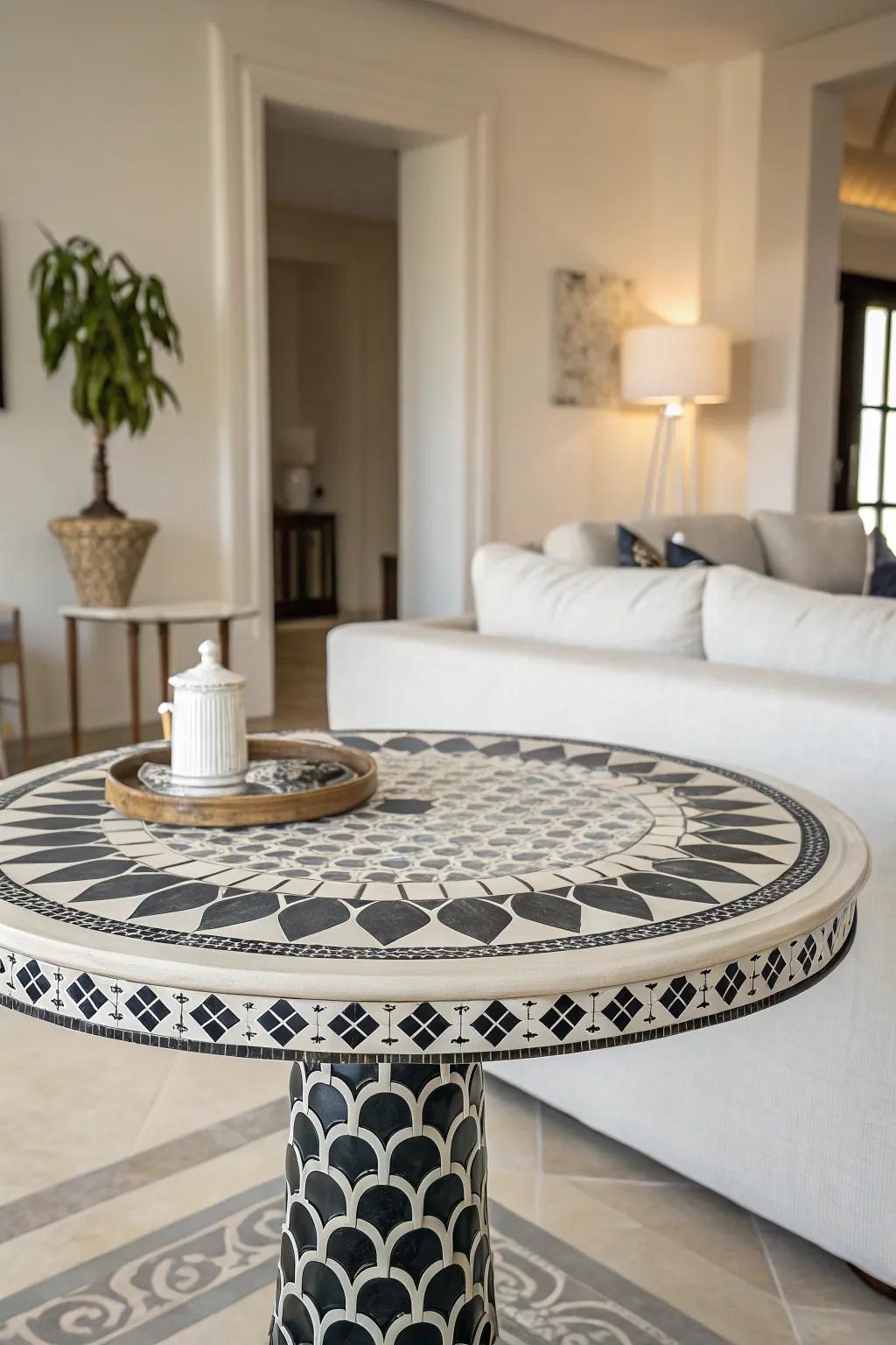 Elegant monochrome mosaics provide a sophisticated touch to any decor.