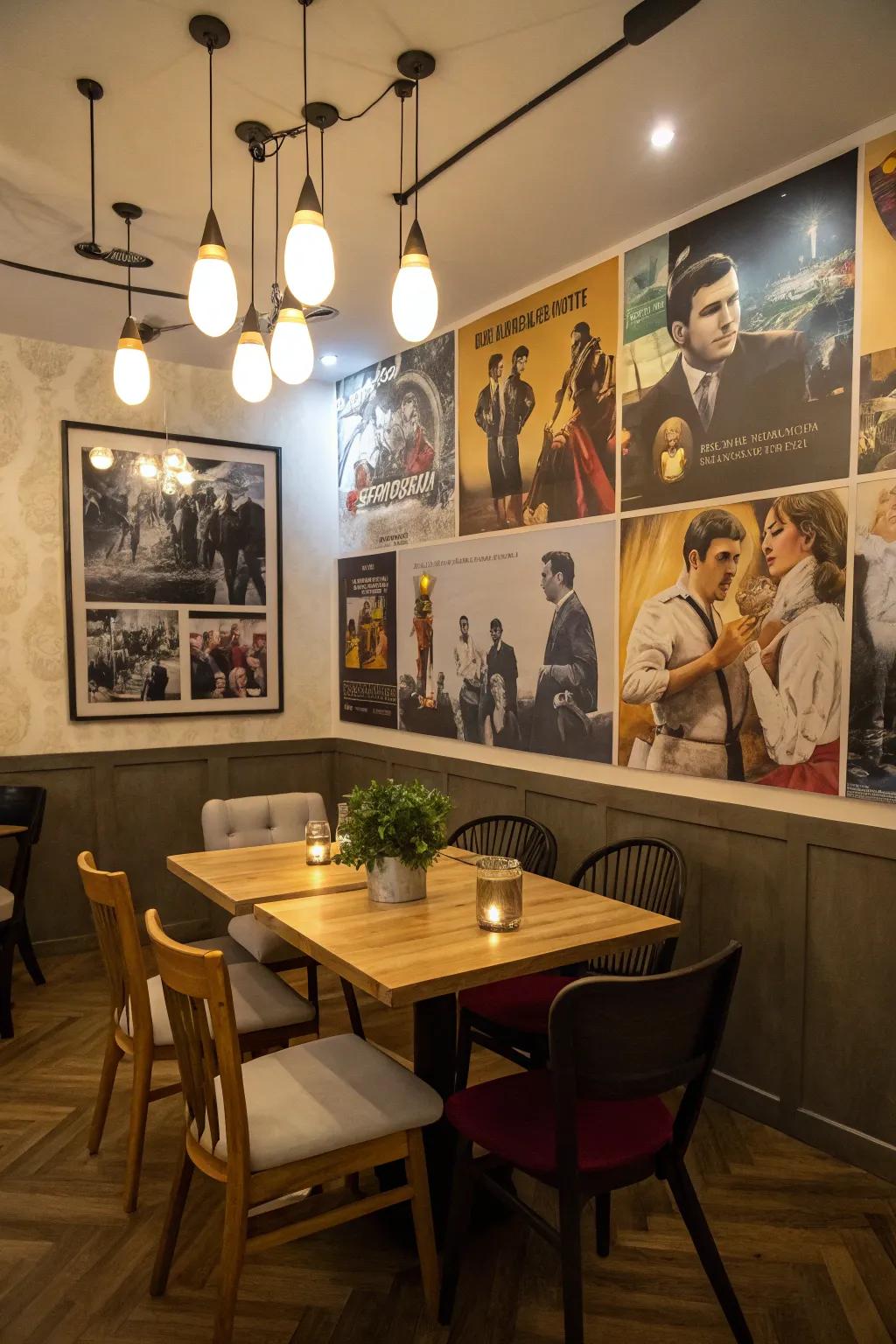 A dining area showcasing a collage artwork with various movie scenes.