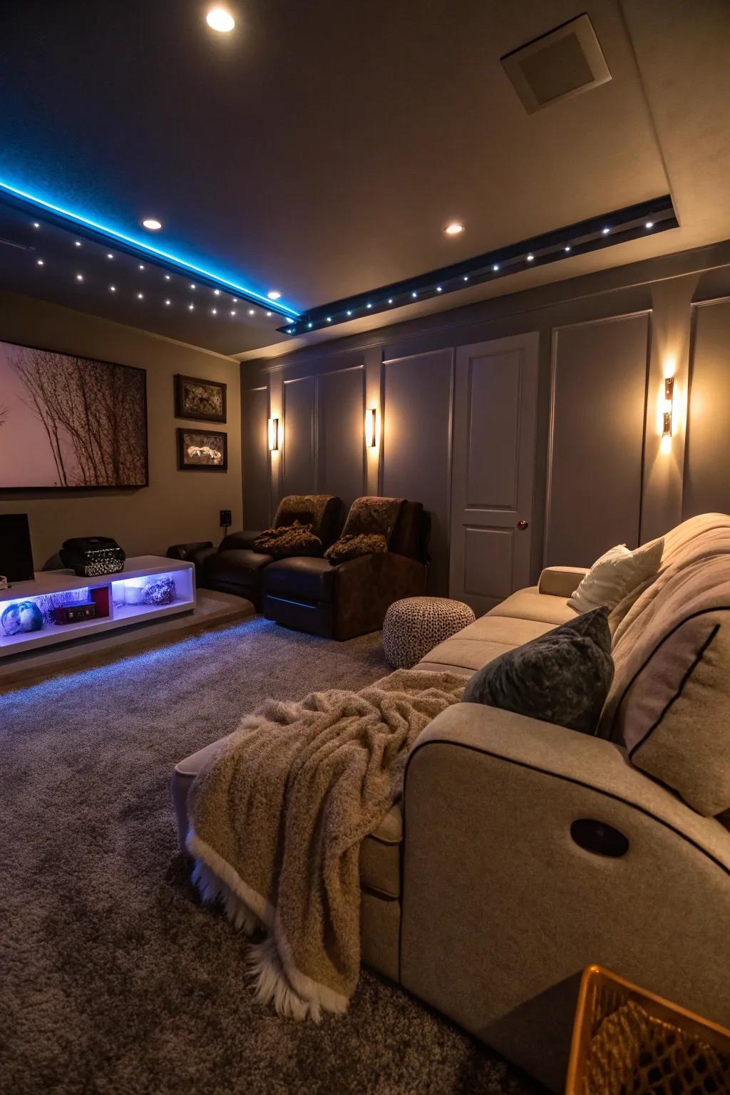 Ambient lighting creates the perfect movie-watching atmosphere.