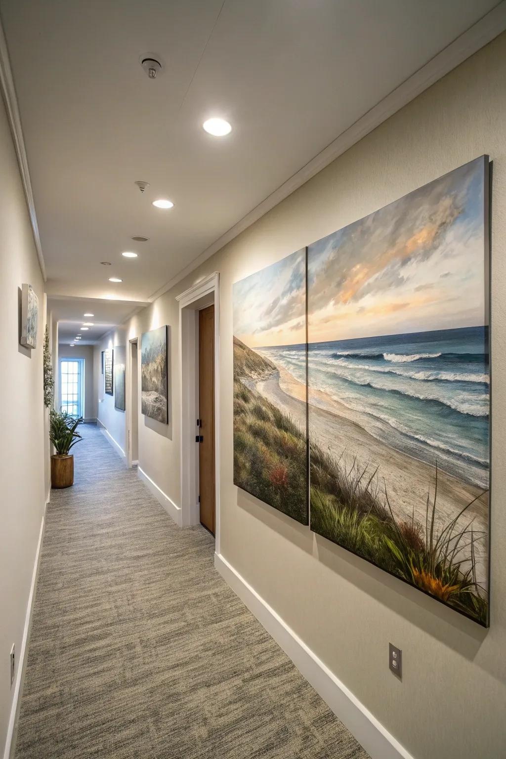 A tranquil coastal landscape painting spanning multiple canvases, creating a seamless view in the hallway.