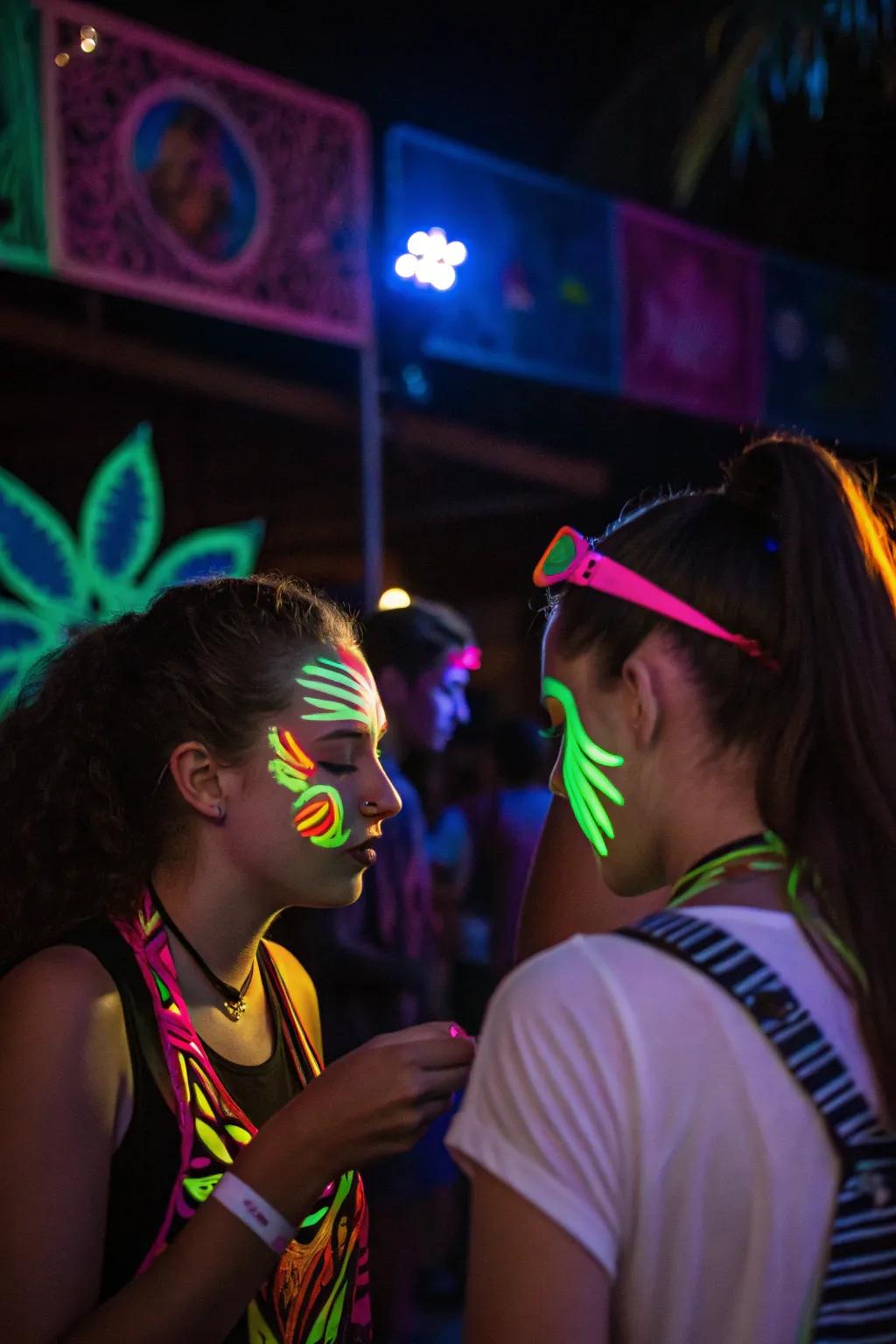 Guests applying neon face paint, creating glowing designs that shine under party lights.