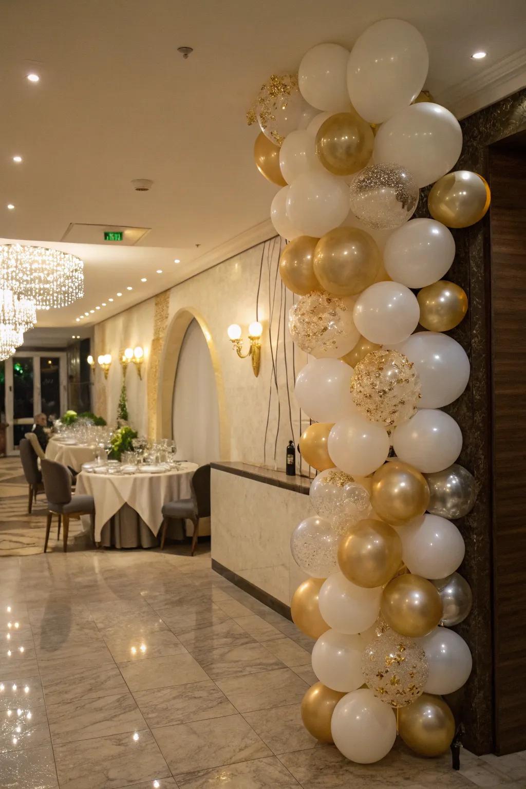 Balloons arranged like champagne bubbles, adding a touch of elegance to the New Year's celebration.