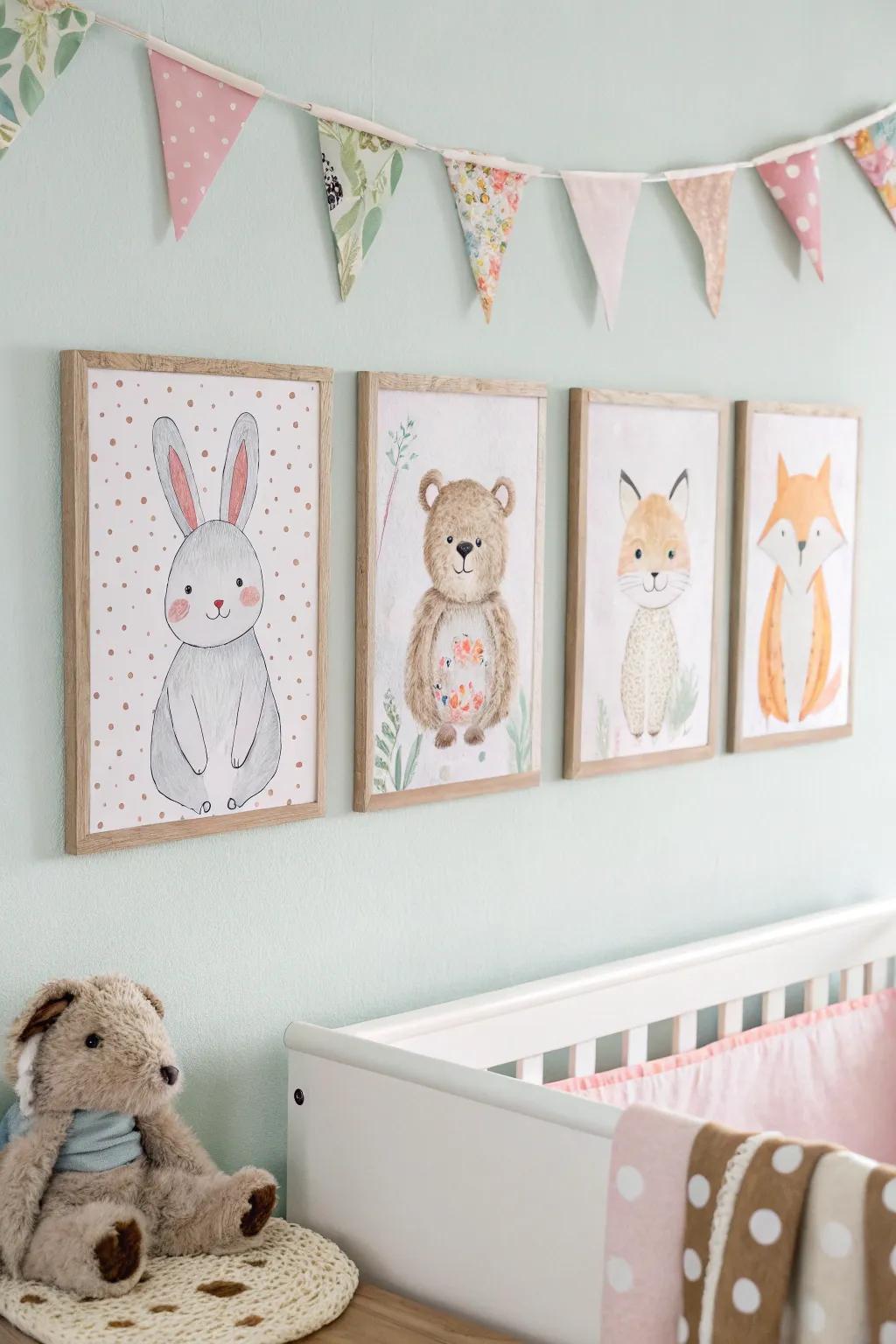 Enchanting wall art creates a whimsical atmosphere in a twin nursery.