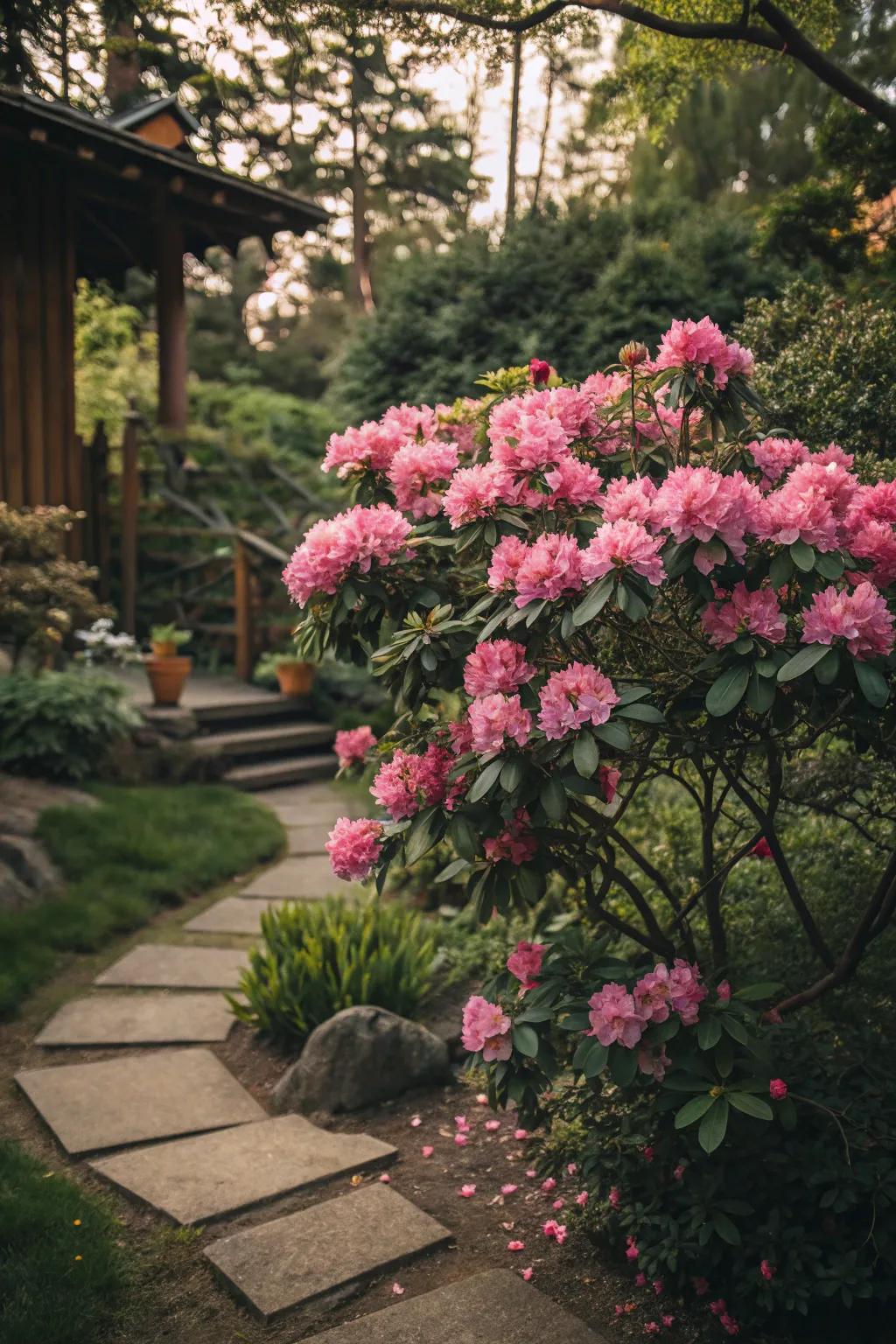 Rhododendrons providing dramatic color with their vibrant blooms.