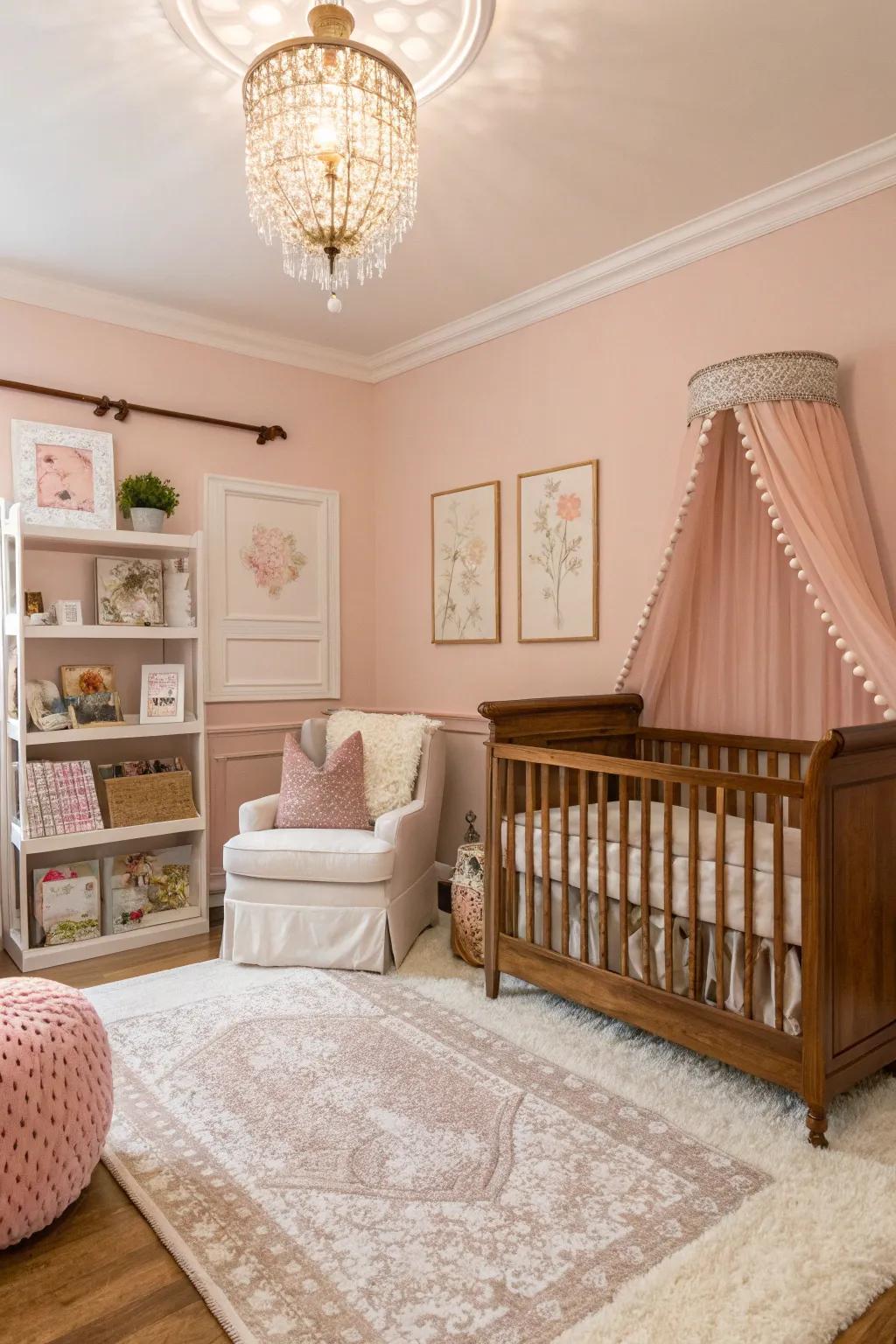 A cozy nursery with soft blush pink walls.