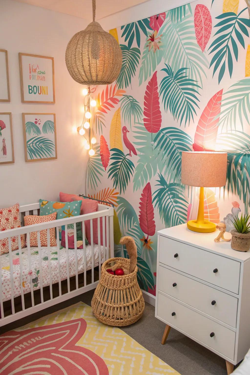 A lively tropical paradise nursery full of color and whimsy.