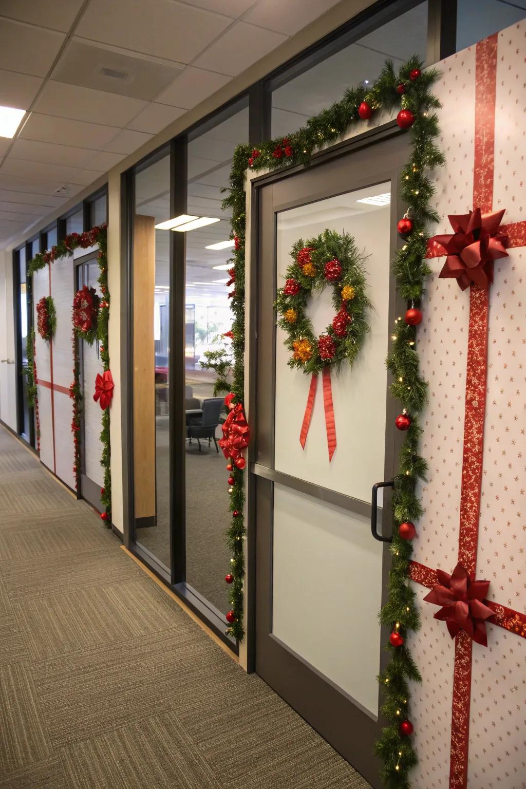 Office doors transformed into festive canvases.