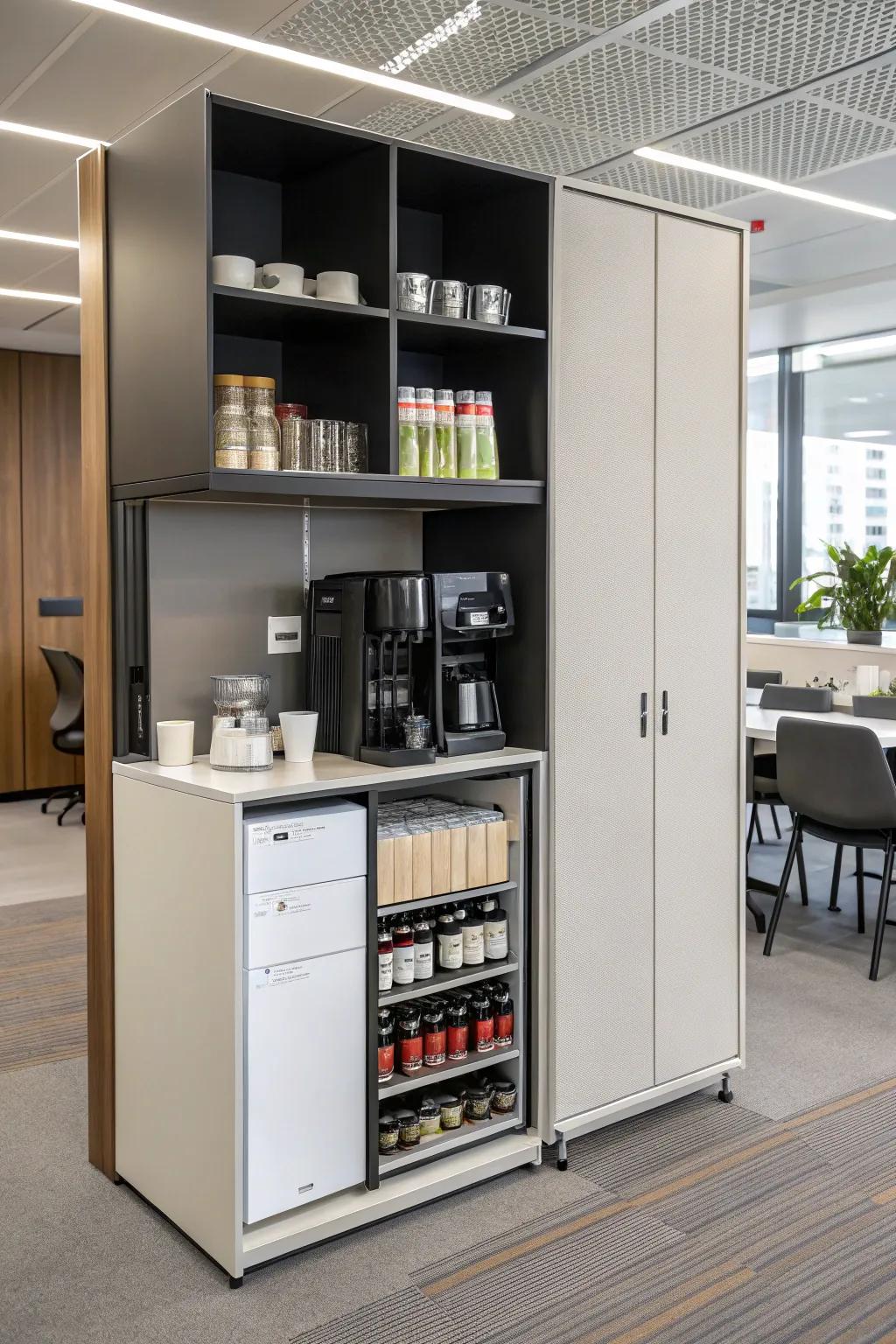 A sleek cabinet keeps your coffee essentials organized and out of sight.