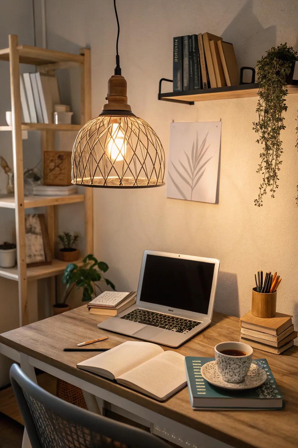 Achieve harmony in your home office with stylish pendant lighting.