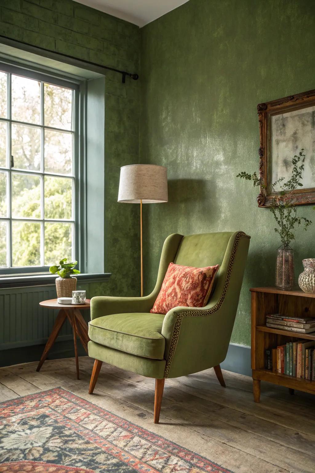 A vintage armchair adds a striking contrast to olive green walls.