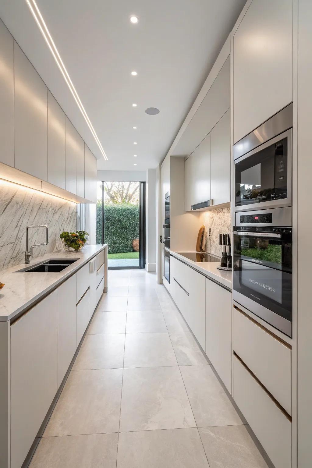 Integrated appliances in a one-wall kitchen for a seamless aesthetic.