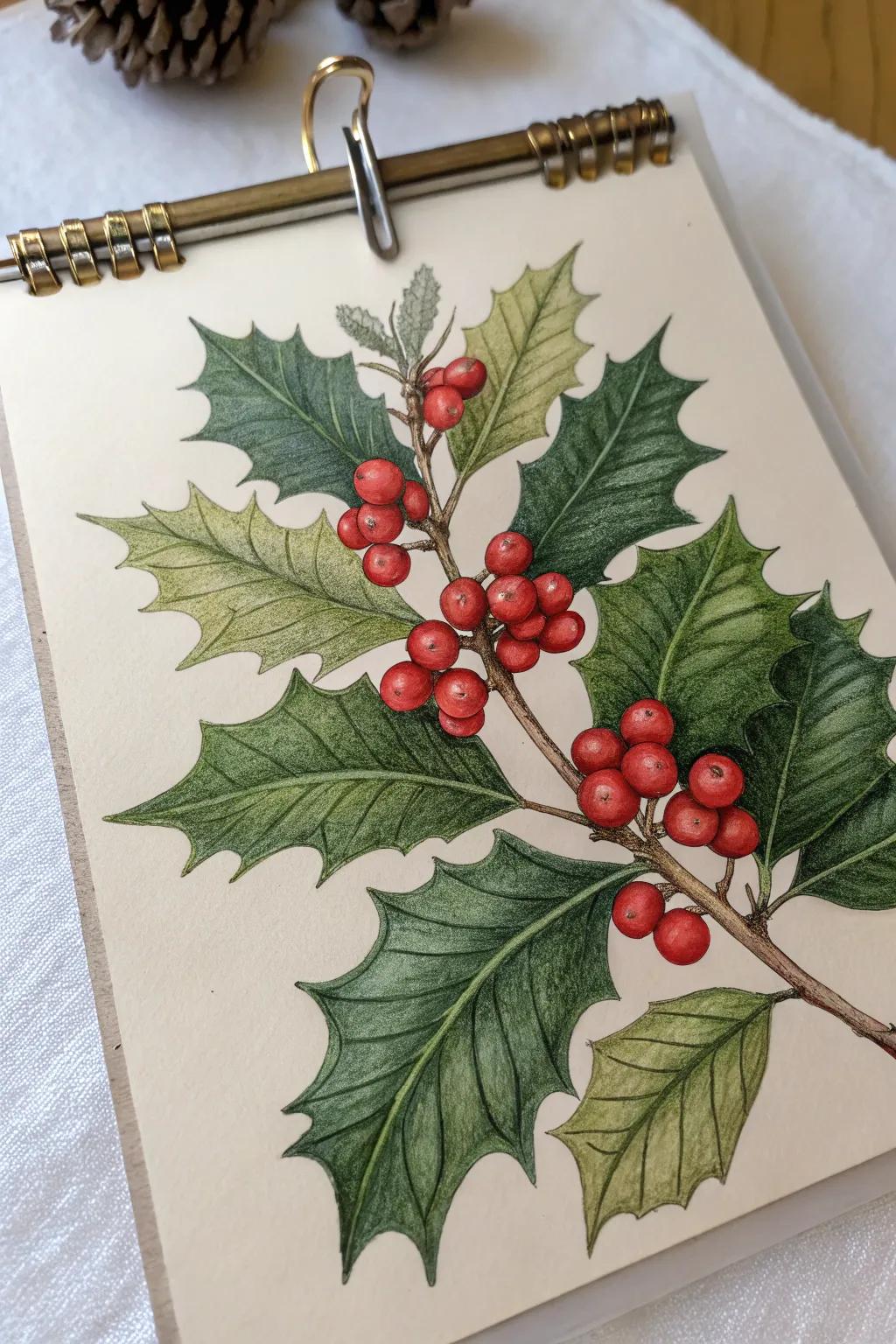 Festive ornament with holly leaves and berries.