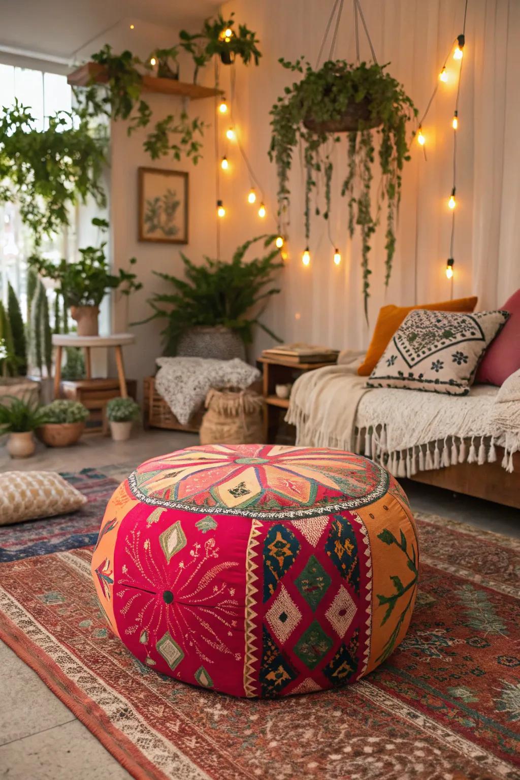 A bohemian pouf ottoman brings vibrant energy to an eclectic living room.