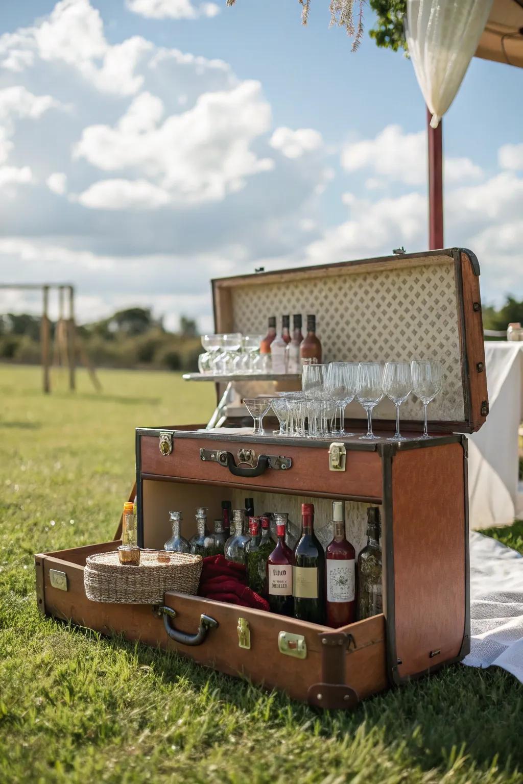 A vintage suitcase bar cart adds a retro flair to your outdoor gatherings.