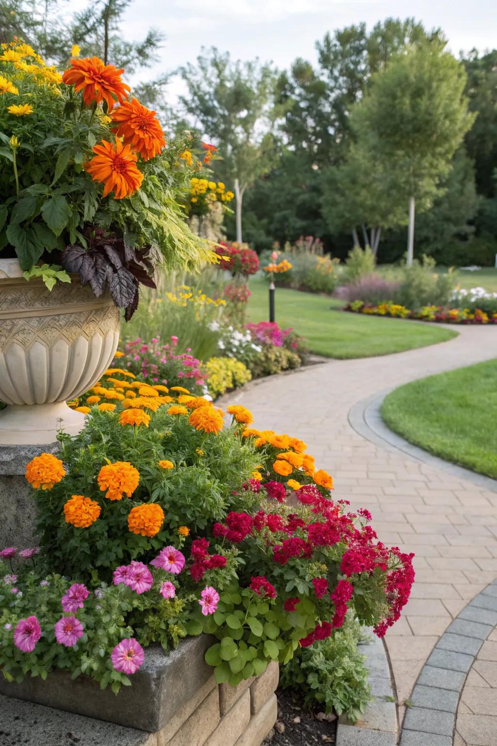 Bright flowers transforming a dull garden corner into a lively spot.