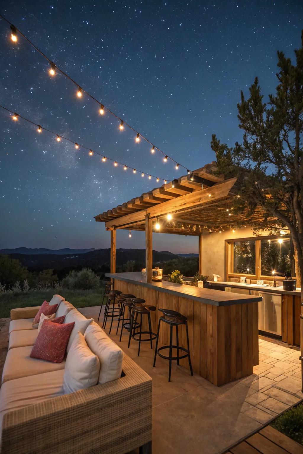 String lights create a starlit ambiance, perfect for evening gatherings.