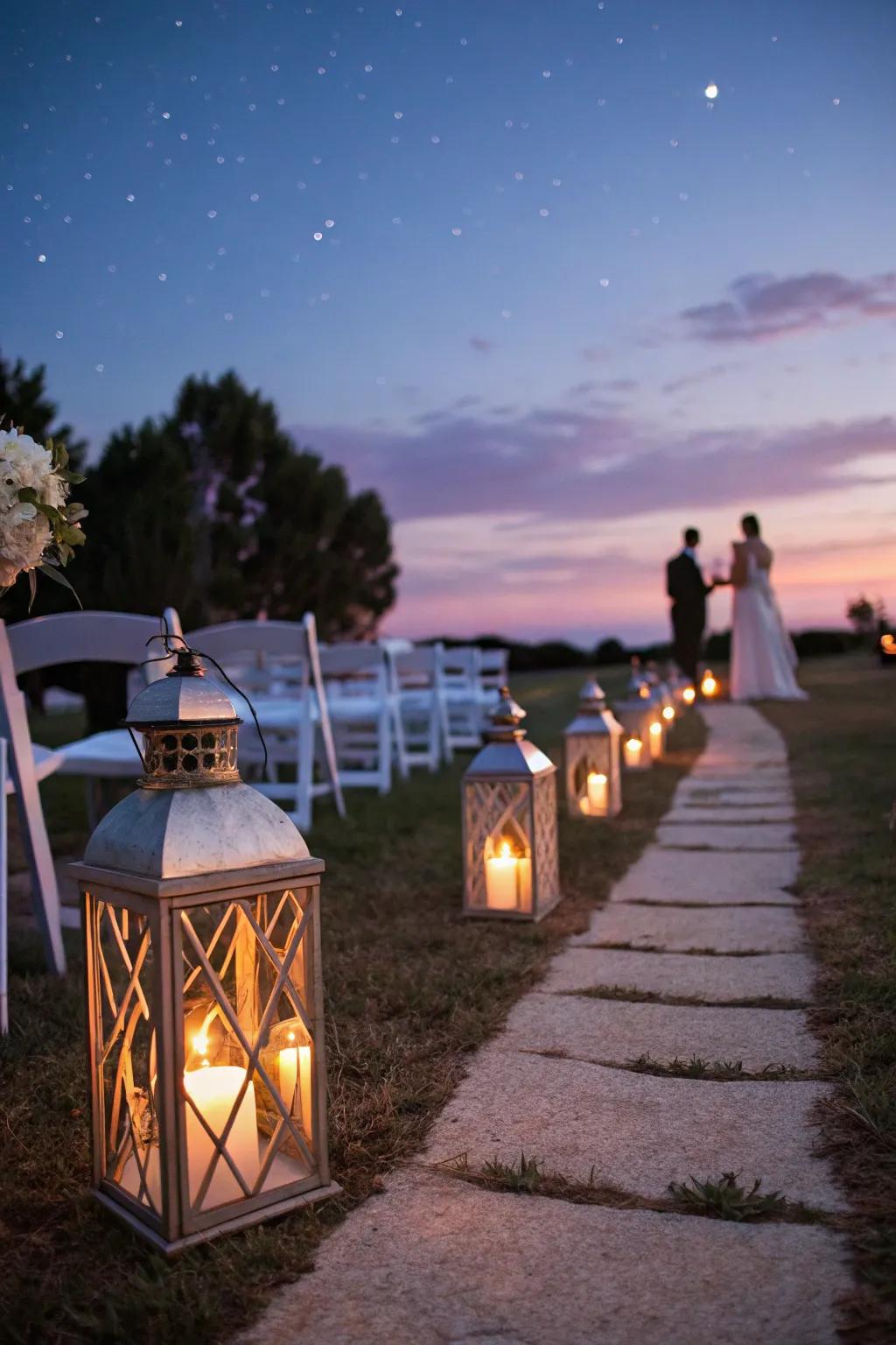 A lantern-lit path that adds a magical glow to the aisle.