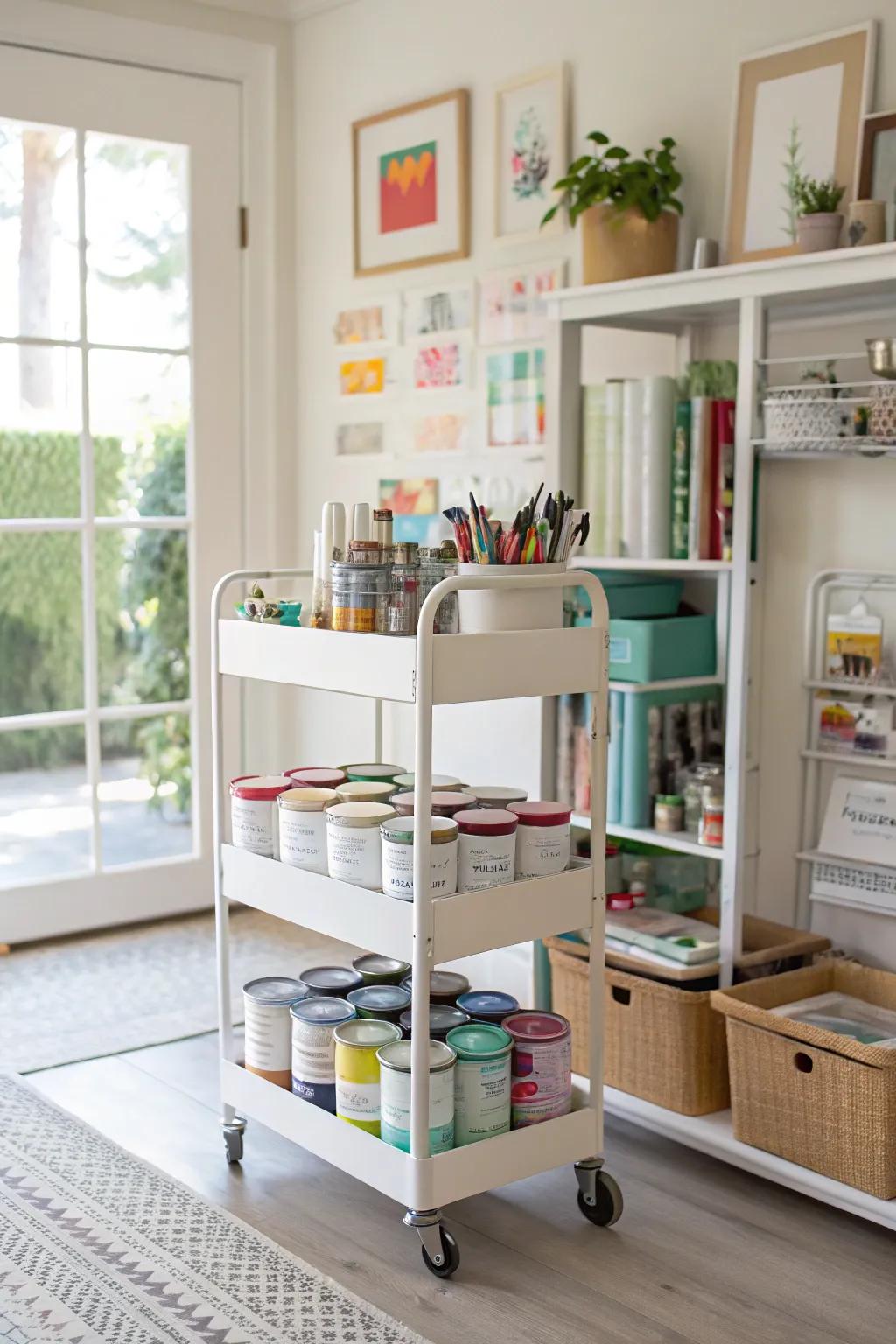 A rolling utility cart filled with paint cans in a craft room.