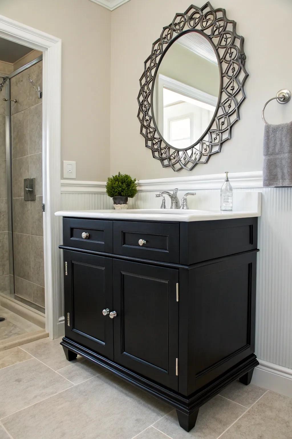 A black vanity creates a bold, timeless statement.