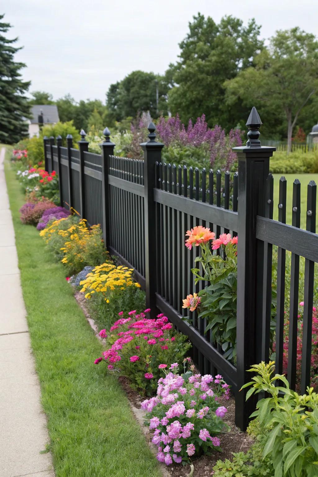 A bold black picket fence providing a modern aesthetic.